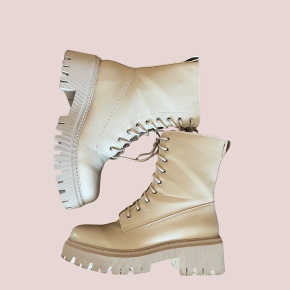 Madden Girl Cream Lace-Up Combat Boots - Picture 5 of 9